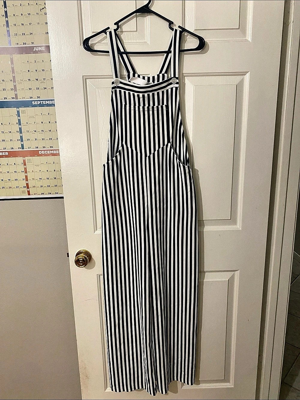 Halara Pockets Stripe Waffle Overalls Black & White Small